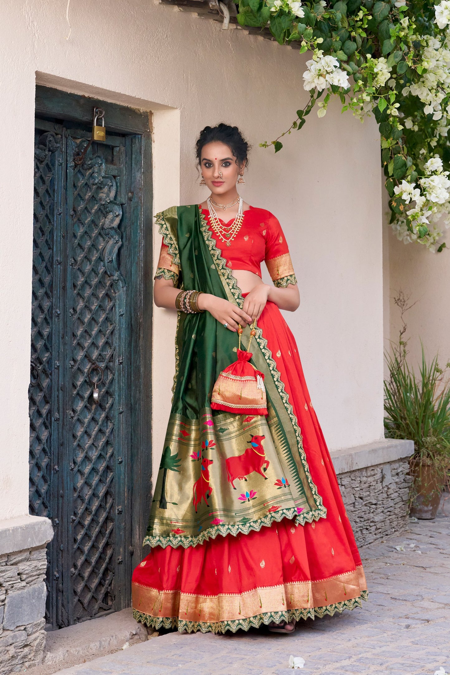 Red Paithani Silk Zari Weaving Work With Sequins Lehenga Choli