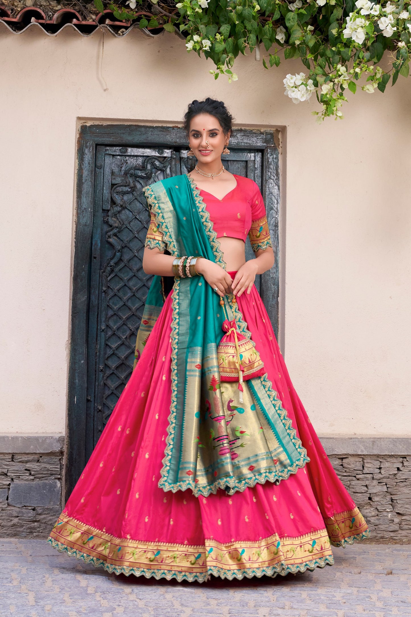 Pink Paithani Silk Zari Weaving Work With Sequins Lehenga Choli