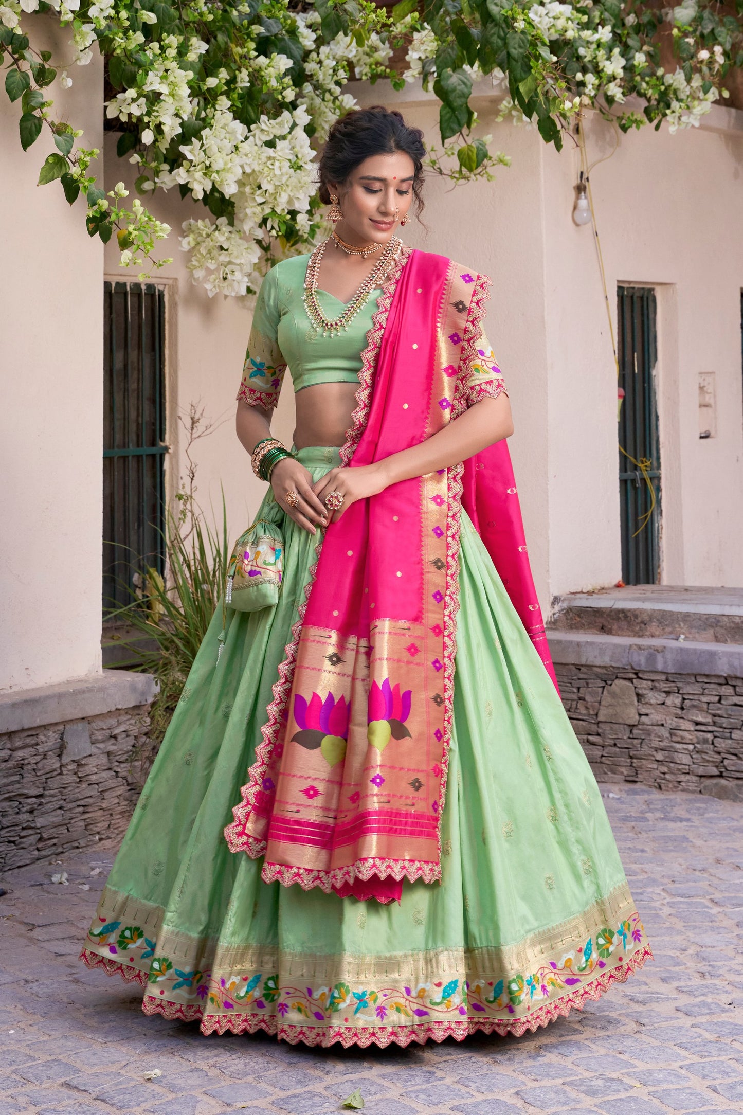 Pista Paithani Silk Zari Weaving Work With Sequins Lehenga Choli