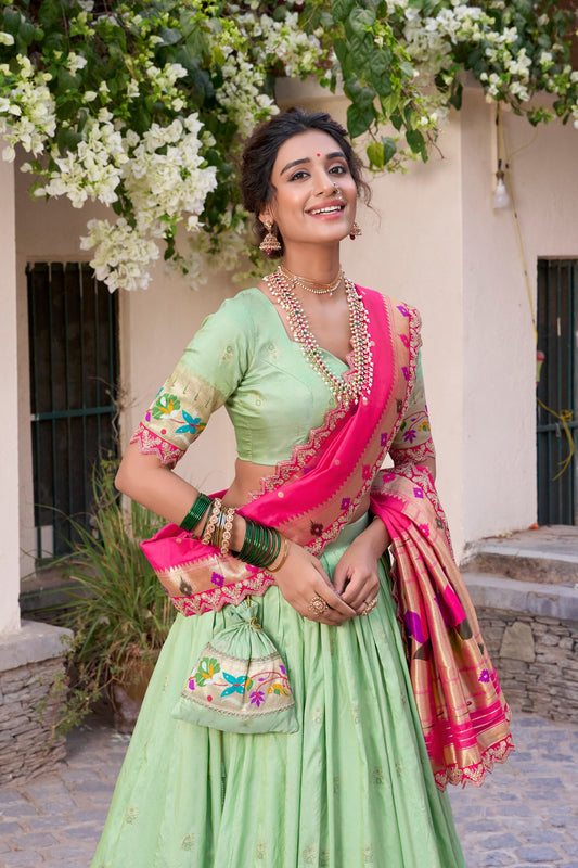 Pista Paithani Silk Zari Weaving Work With Sequins Lehenga Choli