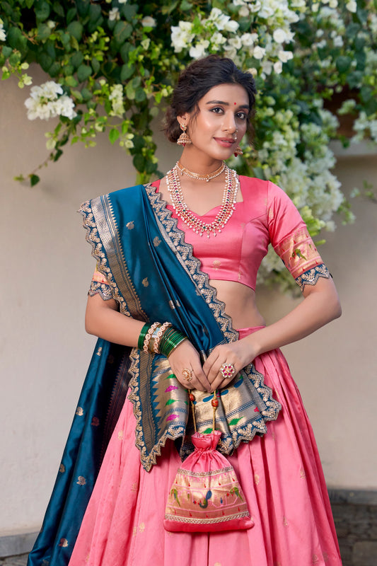 Light Pink Paithani Silk Zari Weaving Work With Sequins Lehenga Choli