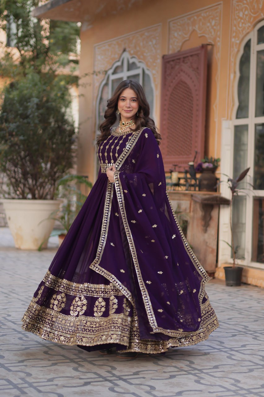 Purple Faux Blooming With Embroidery Zari Sequins Work Gown