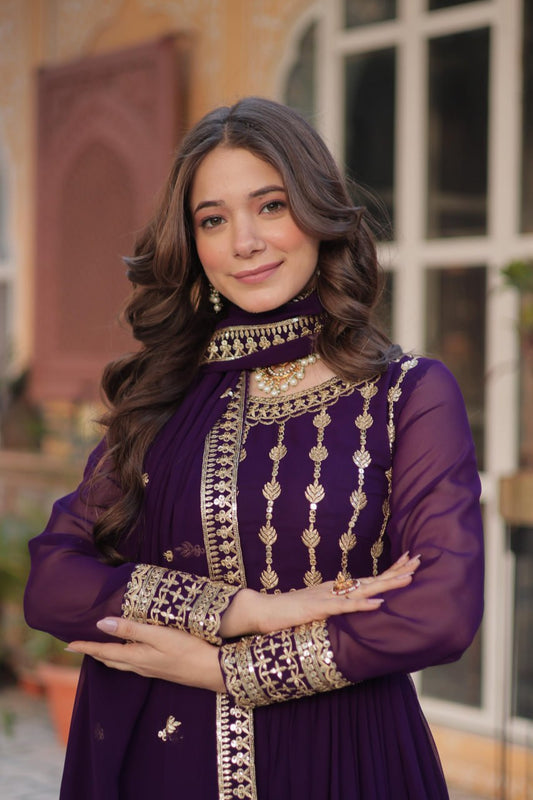 Purple Faux Blooming With Embroidery Zari Sequins Work Gown