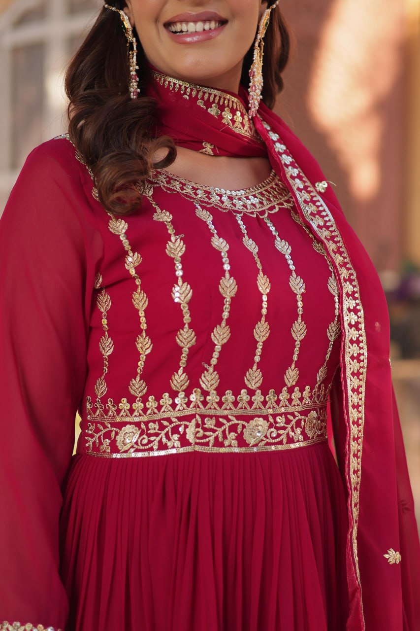 Pink Faux Blooming With Embroidery Zari Sequins Work Gown
