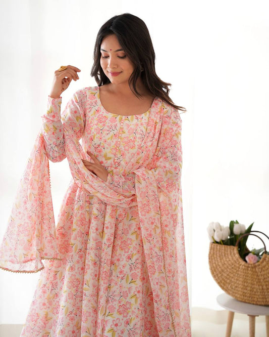 Baby Pink Pure Orange Chiffon Floral Print Fabric Fully Flair Anarkali Salwar Suit