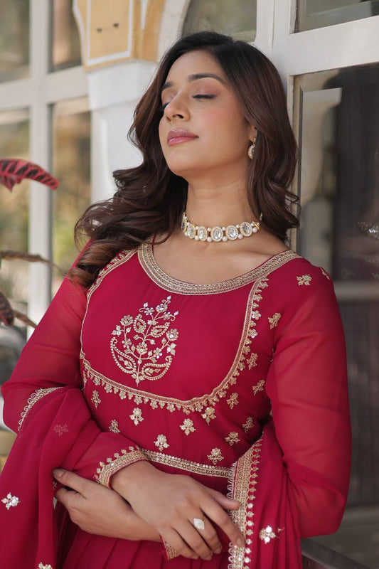 Pink Faux Blooming Georgette With Rich Sequins Embroidered Work Gown