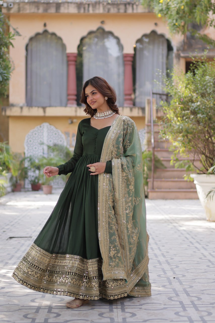 Dark Green Shimmer Vichitra With Rich Sequins Embroidered Work Gown