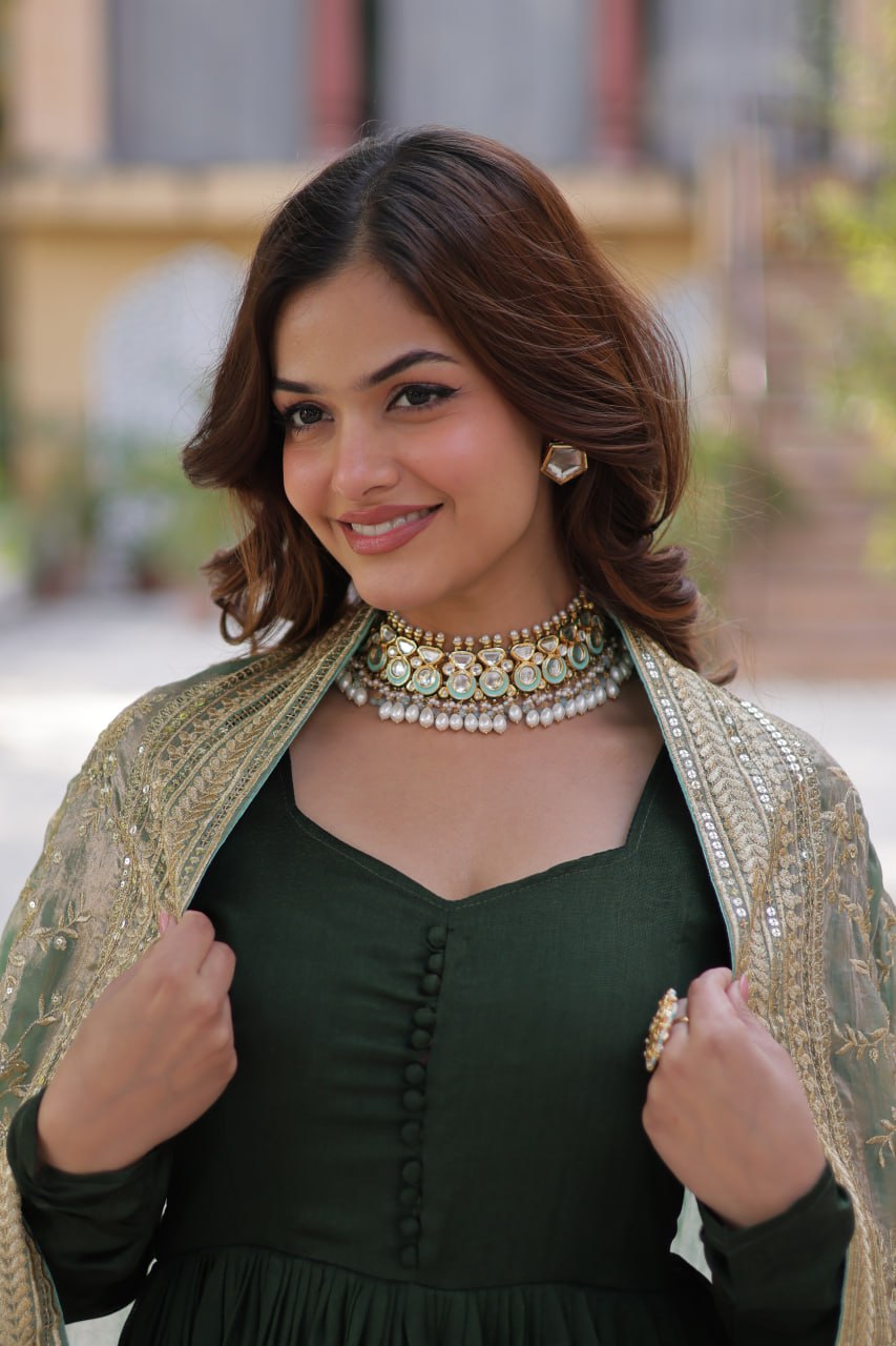 Dark Green Shimmer Vichitra With Rich Sequins Embroidered Work Gown