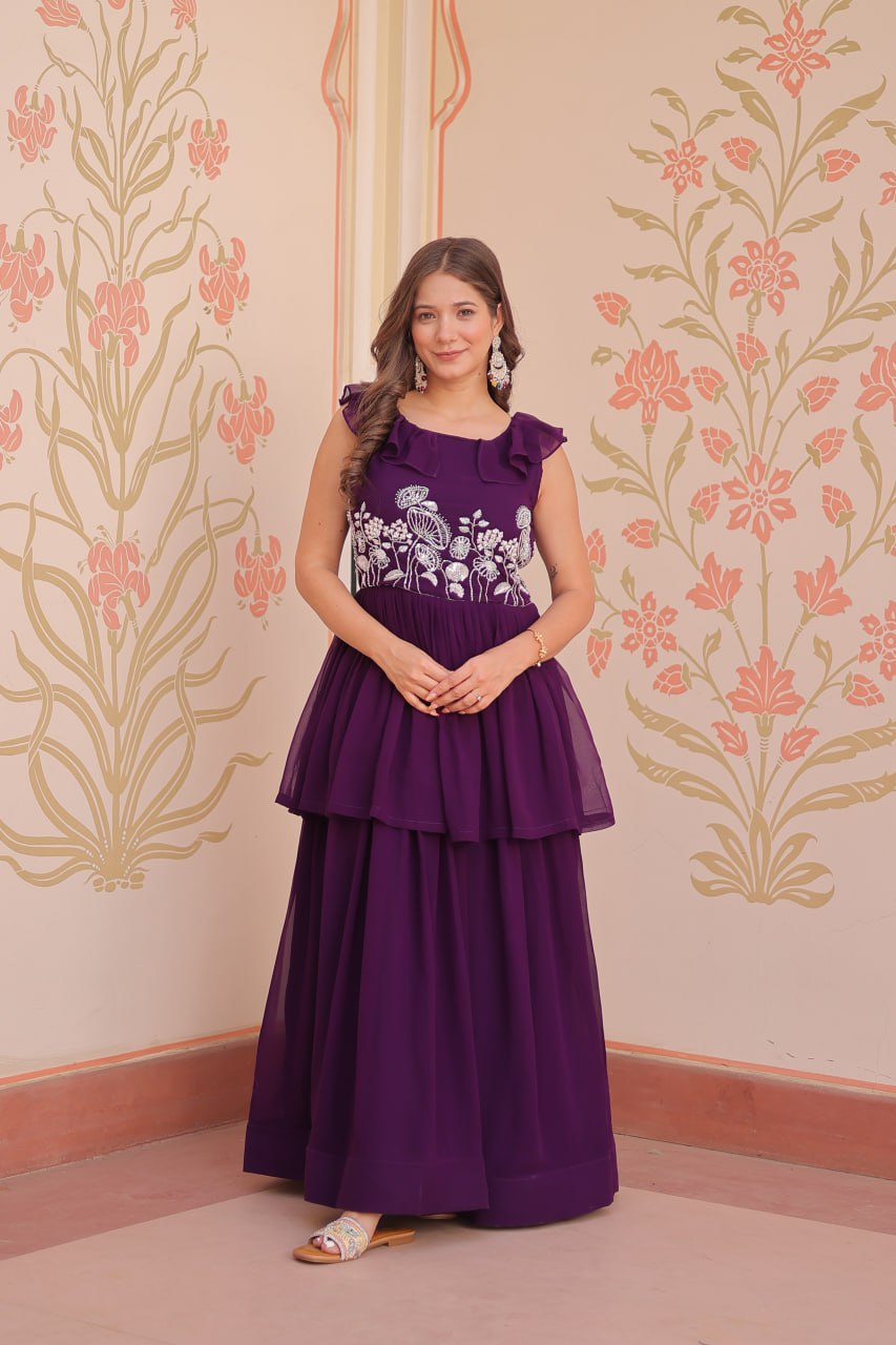 Purple Faux Blooming With Beads Embroidered Work Gown