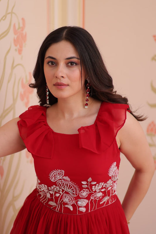 Red Faux Blooming With Beads Embroidered Work Gown