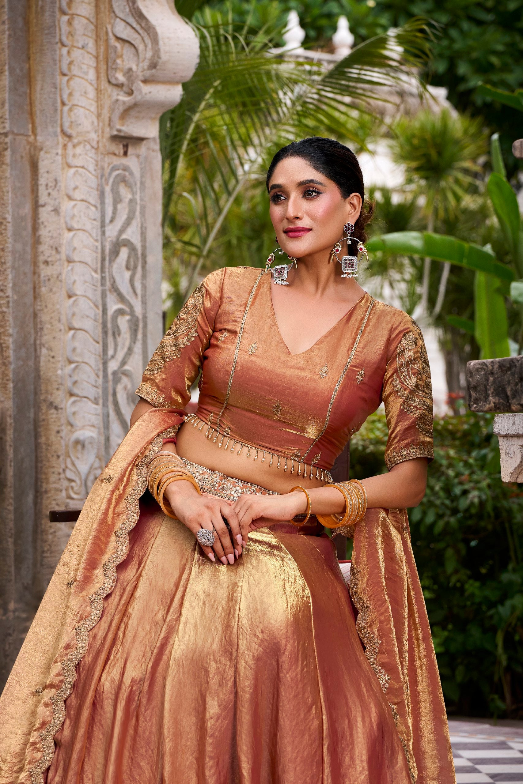 Rust Orange Fendi Sequins And Thread Embroidery Work Lehenga Choli