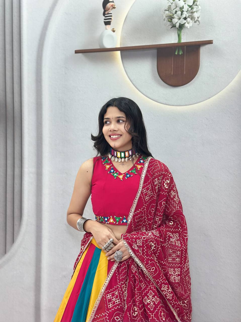 Multi-Color & Rani Pink Pure Cotton Navratri Lehenga Choli Set with Hand Mirror Work, Thread Embroidery & Bandhani Bandhej Printed Dupatta