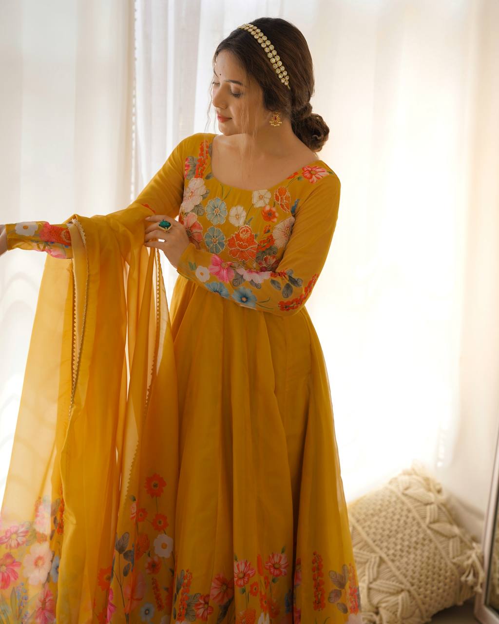 Yellow Pure Soft Organja Silk Flower Position Outing Work Salwar Suit