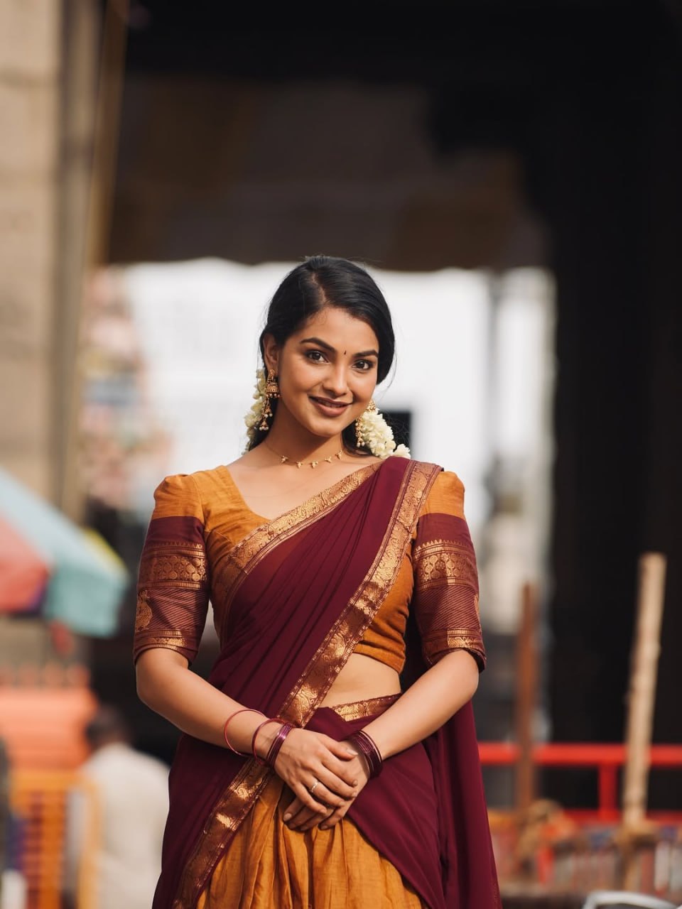 Mustard Yellow & Deep Wine Maroon Kanjivaram Silk Zari Weaving Work South Indian Half Saree Langa Voni Set