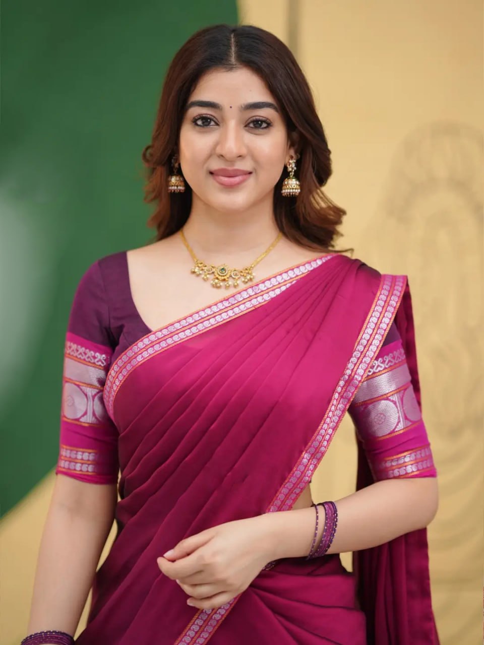 Deep Eggplant Purple & Bright Pink Kanci Cotton Silk Silver Zari Weaving Work South Indian Half Saree Langa Voni Set
