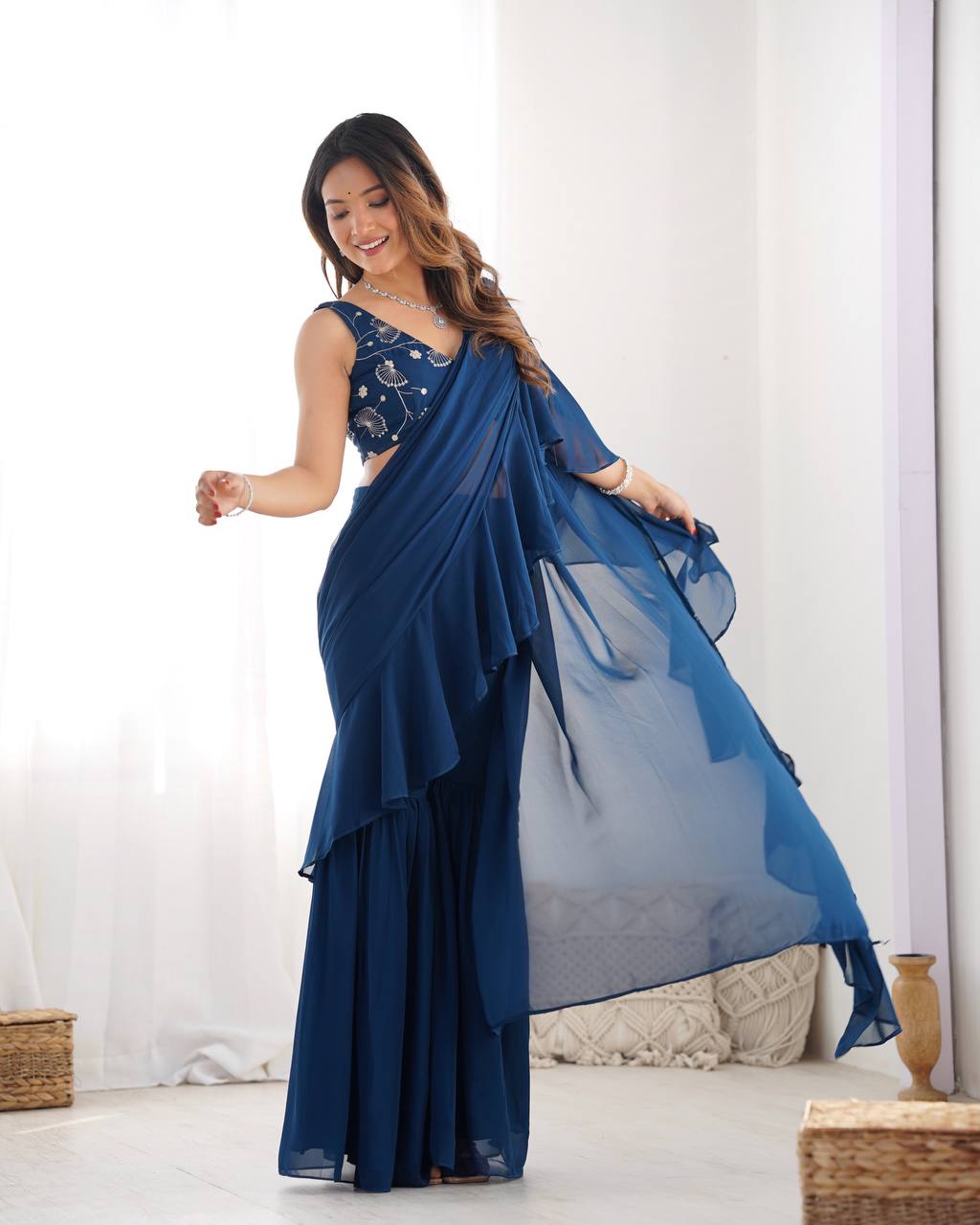 Teal Blue Pure Fox Georgette Emrboidey Jari Work Sharara Saree