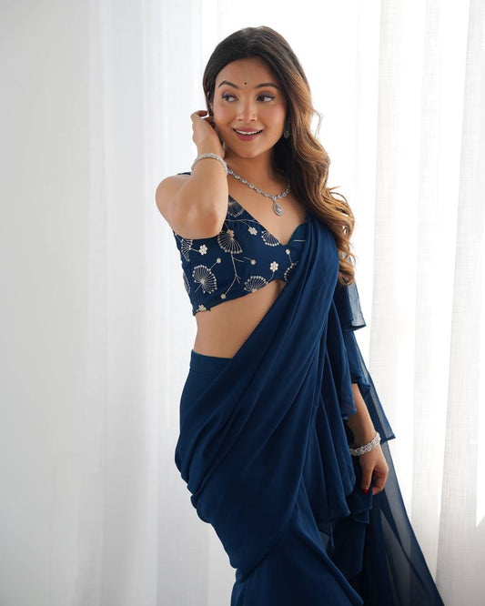 Teal Blue Pure Fox Georgette Emrboidey Jari Work Sharara Saree