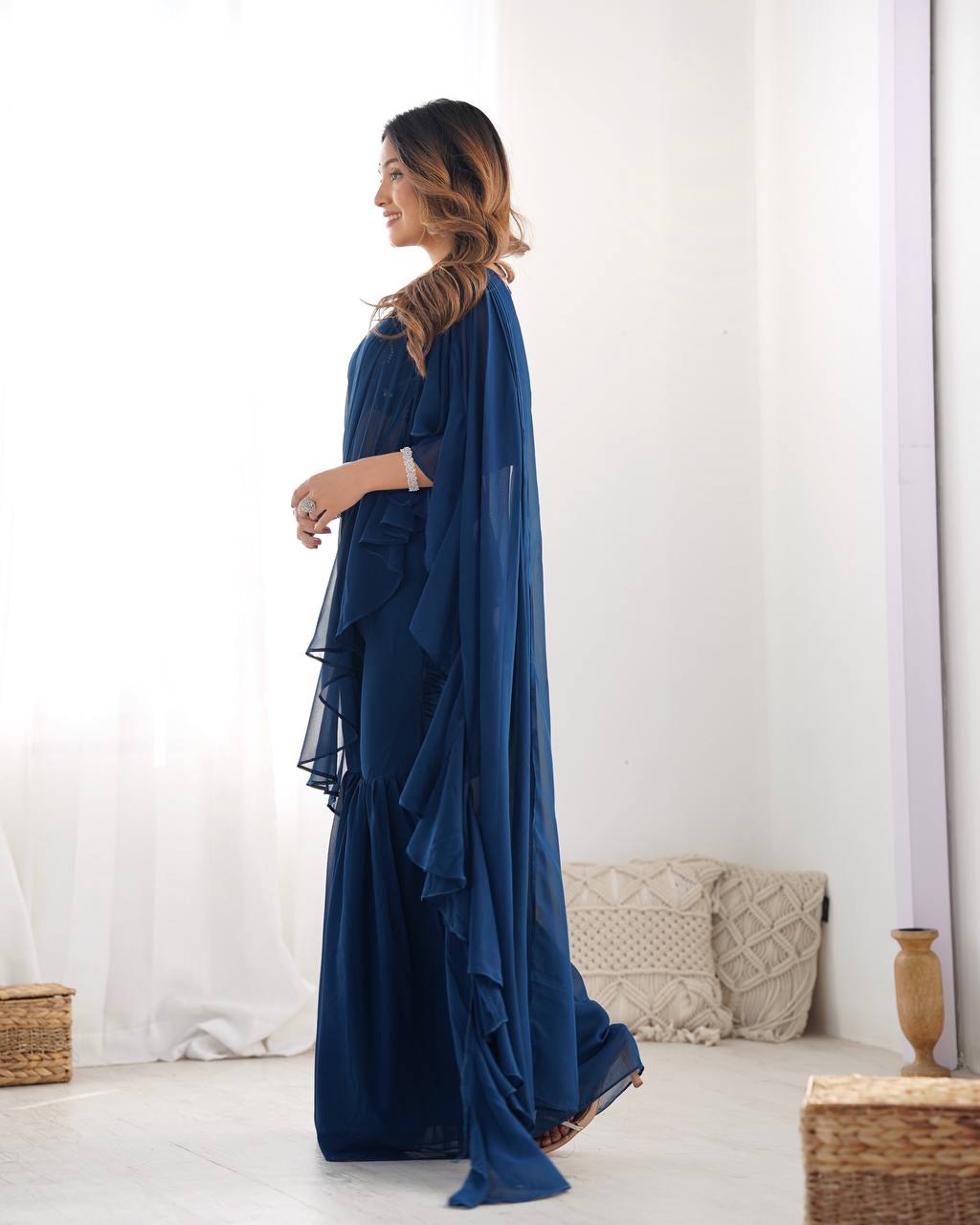 Teal Blue Pure Fox Georgette Emrboidey Jari Work Sharara Saree