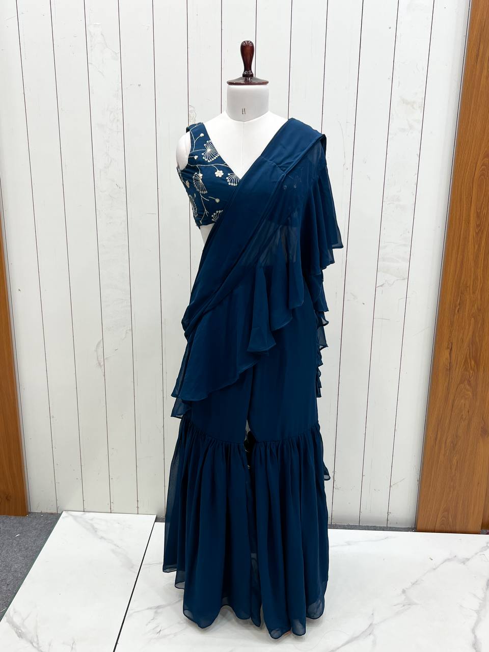 Teal Blue Pure Fox Georgette Emrboidey Jari Work Sharara Saree