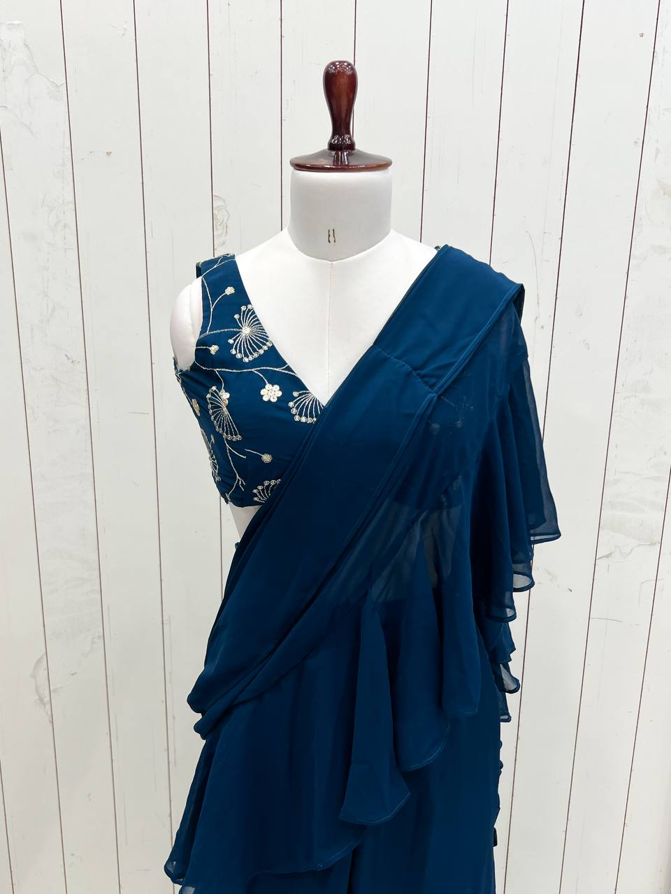 Teal Blue Pure Fox Georgette Emrboidey Jari Work Sharara Saree