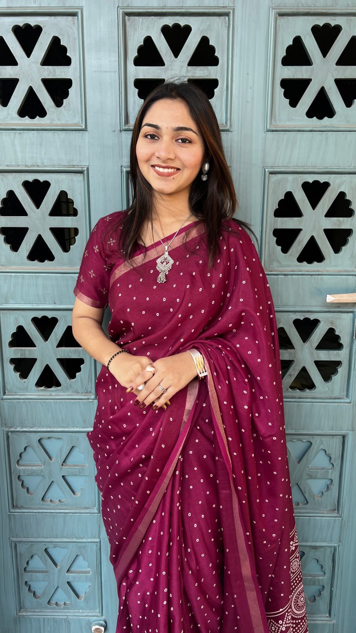 Wine Soft Mal Mal Cotton Silk Print Traditional Saree