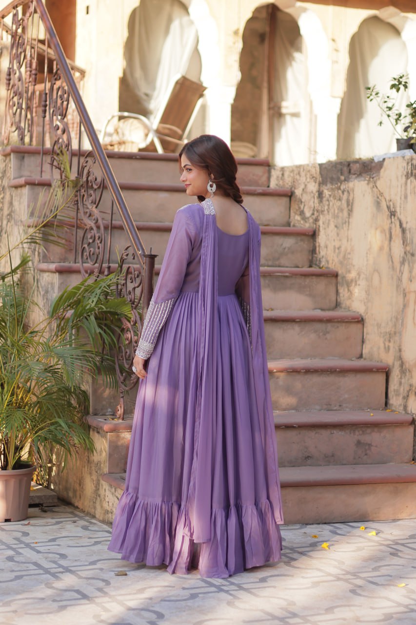 Lavender Star Georgette With Embroidery Beads Sequins Work Gown