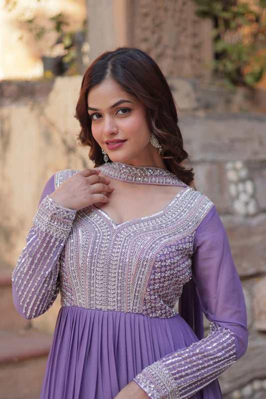 Lavender Star Georgette With Embroidery Beads Sequins Work Gown