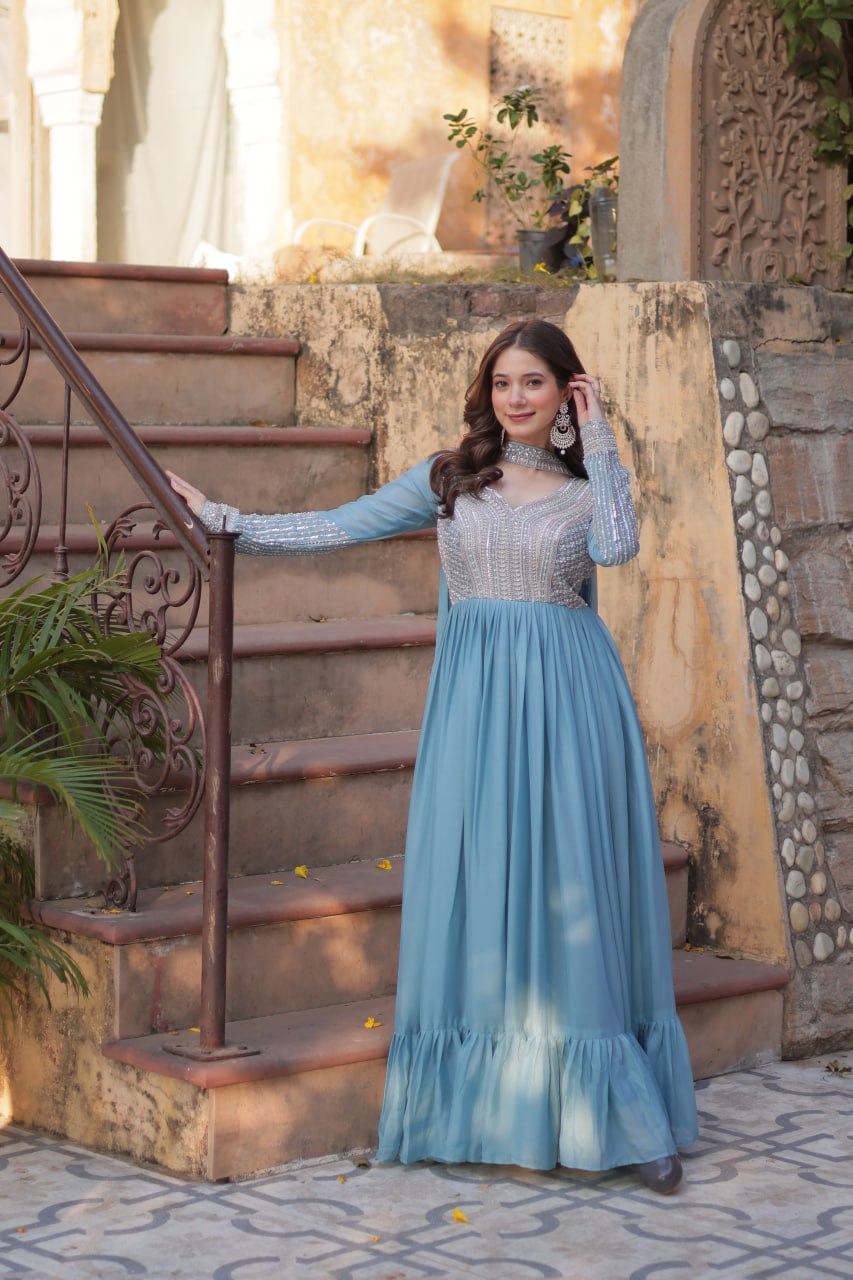 Sky Blue Star Georgette With Embroidery Beads Sequins Work Gown