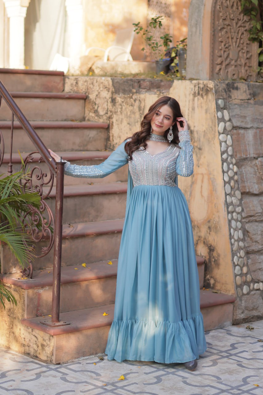 Sky Blue Star Georgette With Embroidery Beads Sequins Work Gown