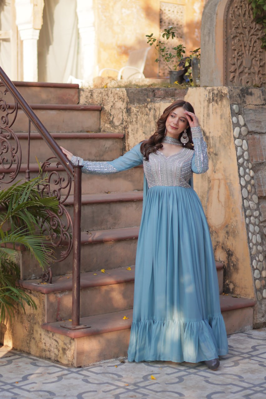 Sky Blue Star Georgette With Embroidery Beads Sequins Work Gown
