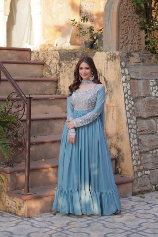 Sky Blue Star Georgette With Embroidery Beads Sequins Work Gown