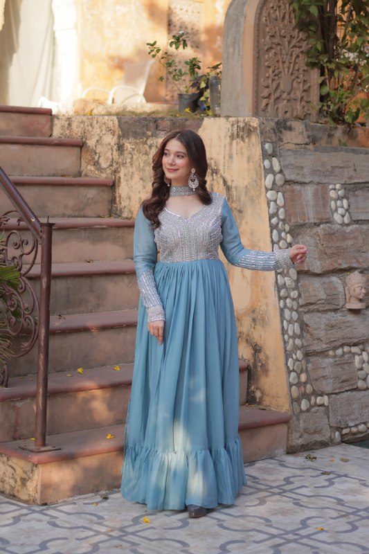 Sky Blue Star Georgette With Embroidery Beads Sequins Work Gown
