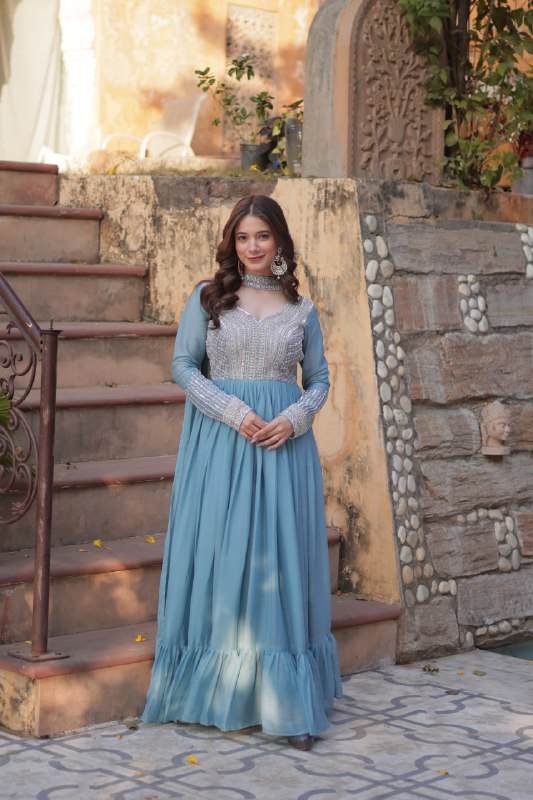 Sky Blue Star Georgette With Embroidery Beads Sequins Work Gown