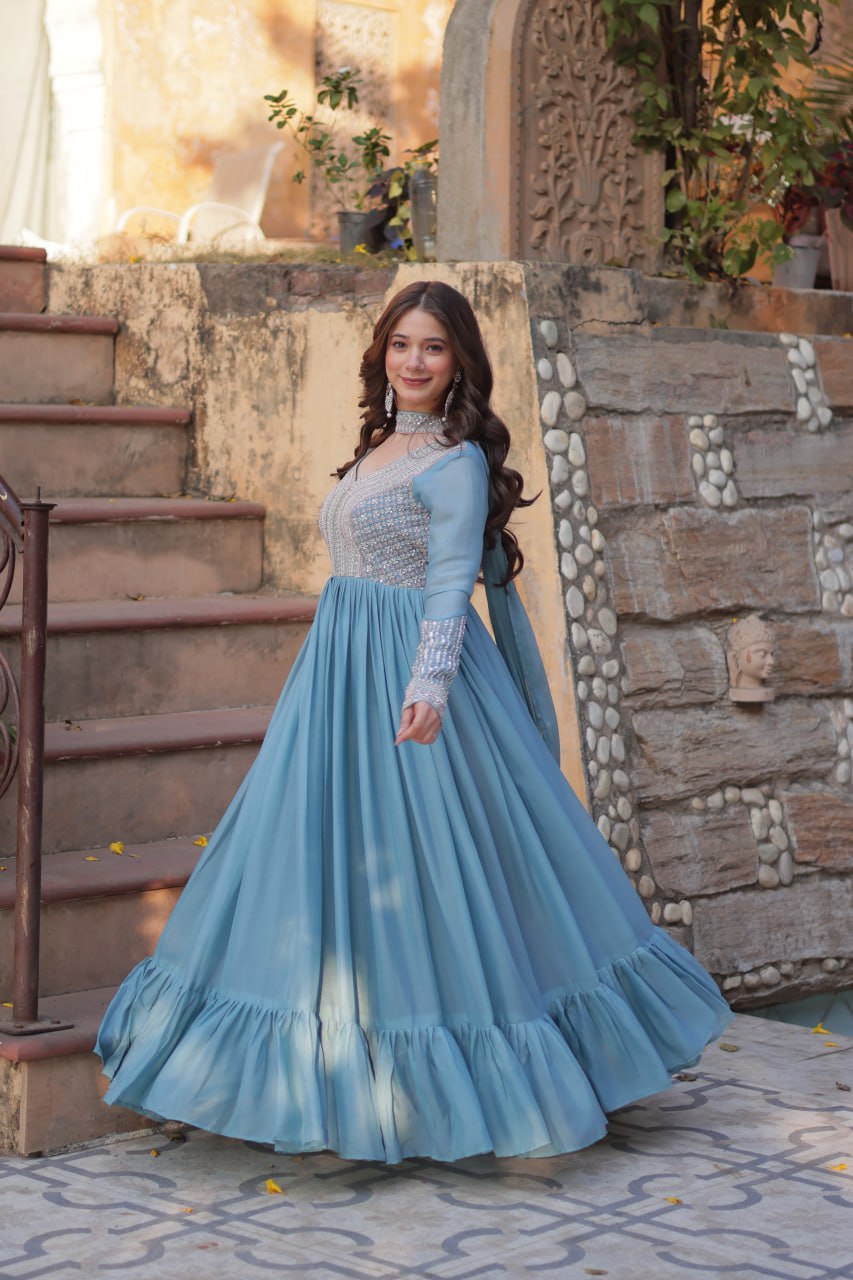 Sky Blue Star Georgette With Embroidery Beads Sequins Work Gown