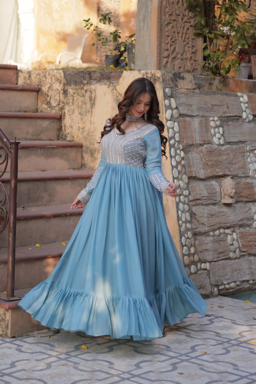 Sky Blue Star Georgette With Embroidery Beads Sequins Work Gown