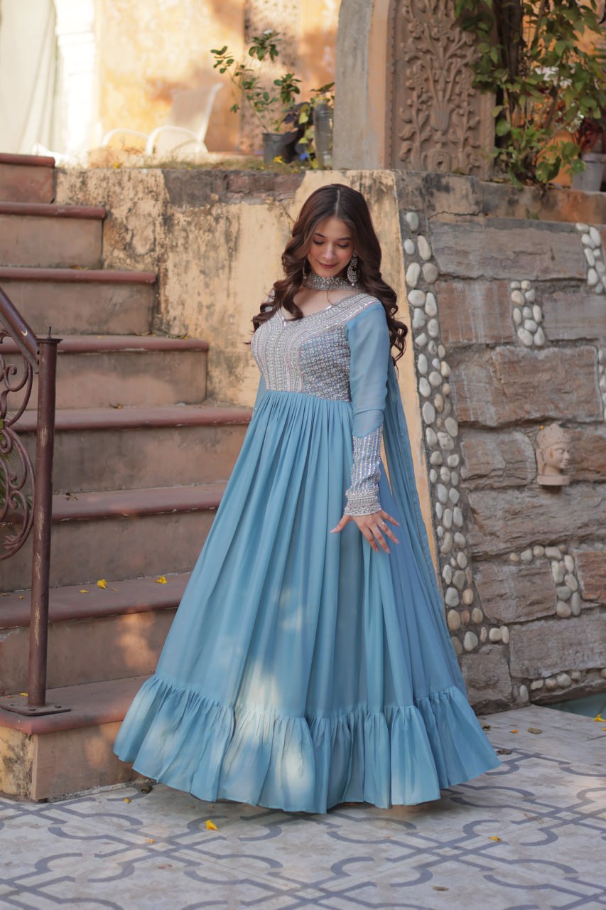 Sky Blue Star Georgette With Embroidery Beads Sequins Work Gown