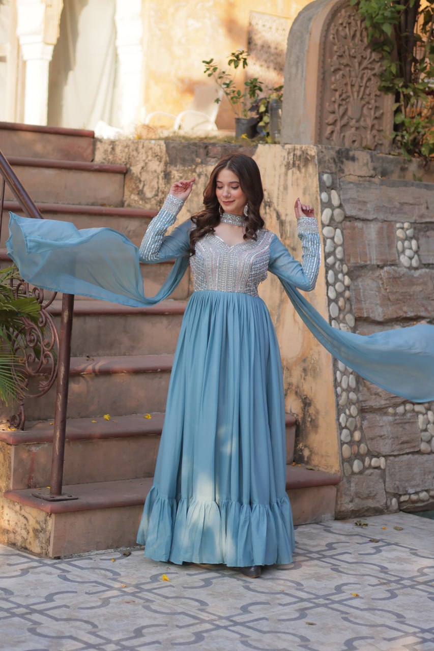 Sky Blue Star Georgette With Embroidery Beads Sequins Work Gown