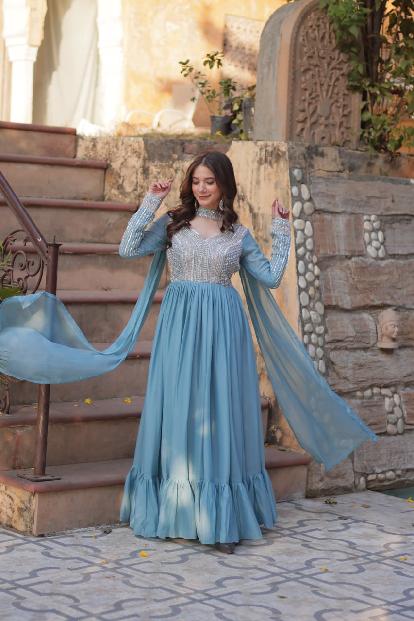 Sky Blue Star Georgette With Embroidery Beads Sequins Work Gown