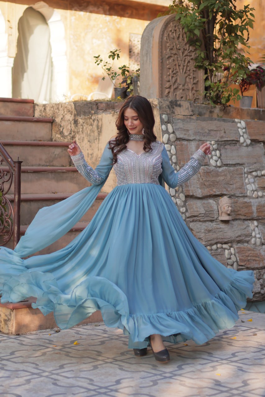 Sky Blue Star Georgette With Embroidery Beads Sequins Work Gown