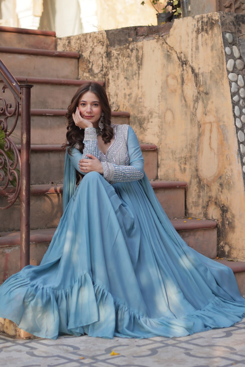 Sky Blue Star Georgette With Embroidery Beads Sequins Work Gown