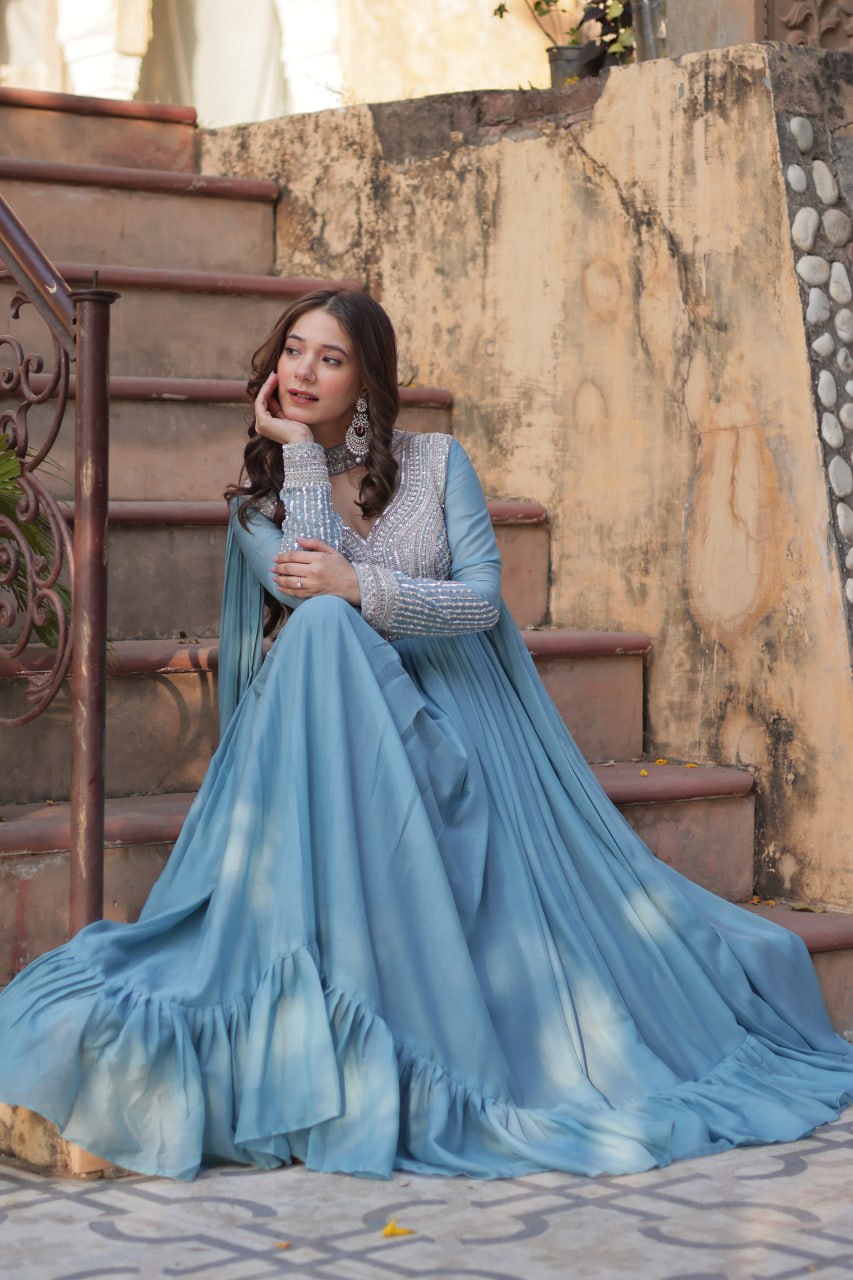 Sky Blue Star Georgette With Embroidery Beads Sequins Work Gown