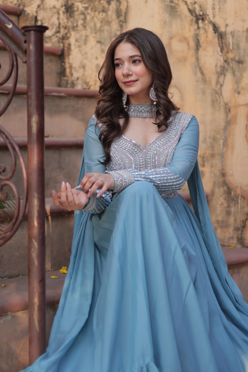 Sky Blue Star Georgette With Embroidery Beads Sequins Work Gown