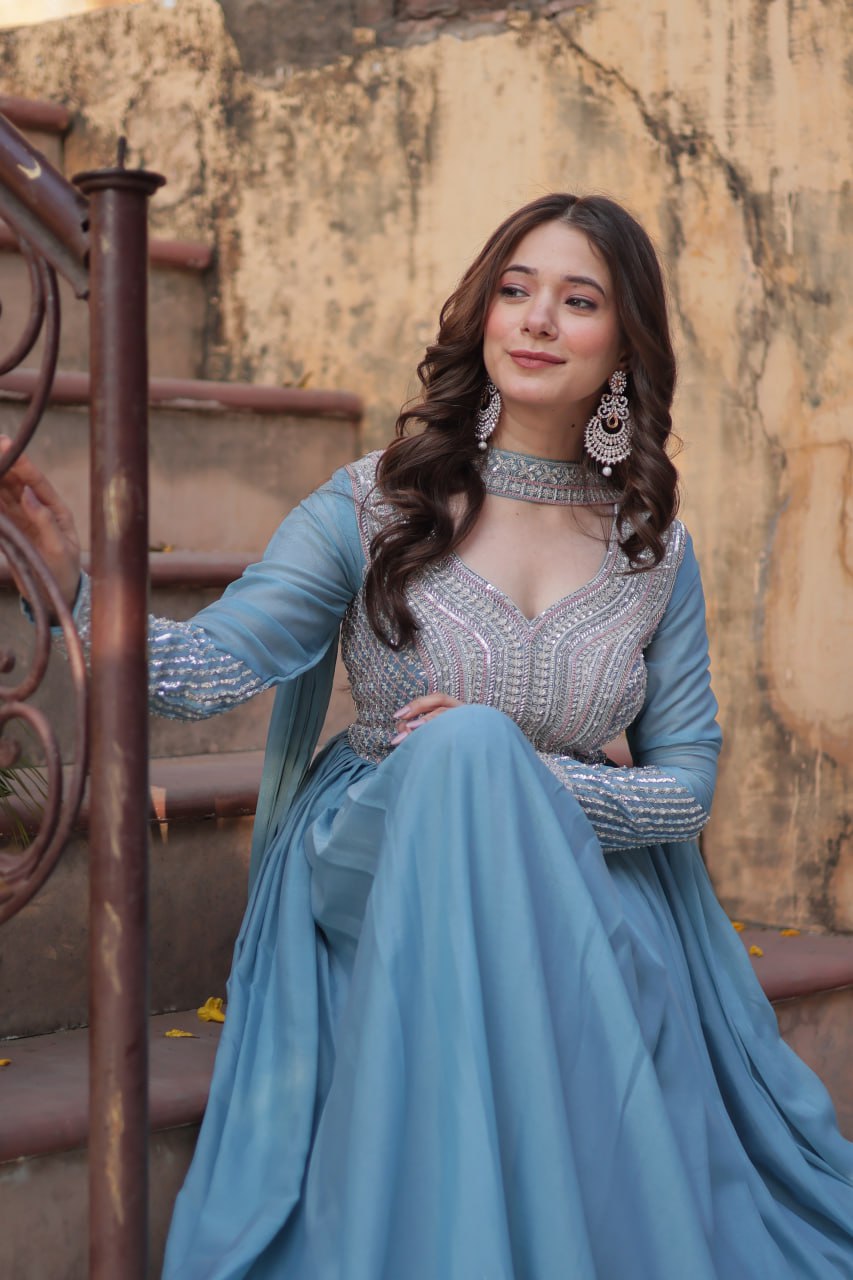 Sky Blue Star Georgette With Embroidery Beads Sequins Work Gown