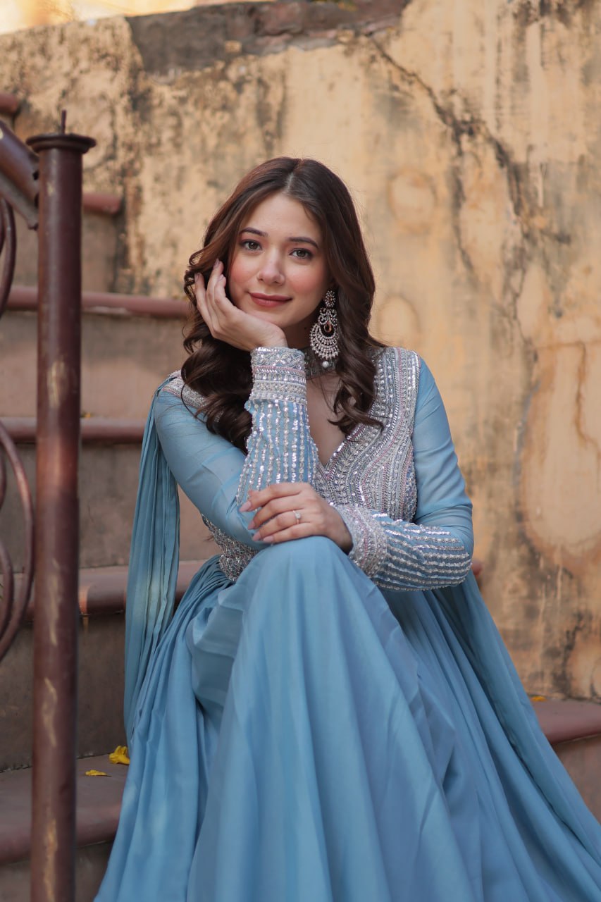 Sky Blue Star Georgette With Embroidery Beads Sequins Work Gown