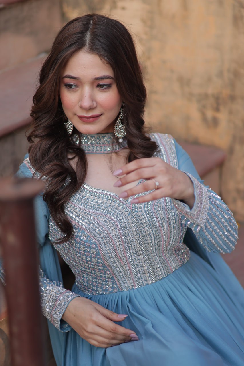 Sky Blue Star Georgette With Embroidery Beads Sequins Work Gown