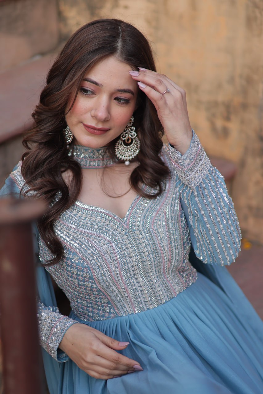 Sky Blue Star Georgette With Embroidery Beads Sequins Work Gown