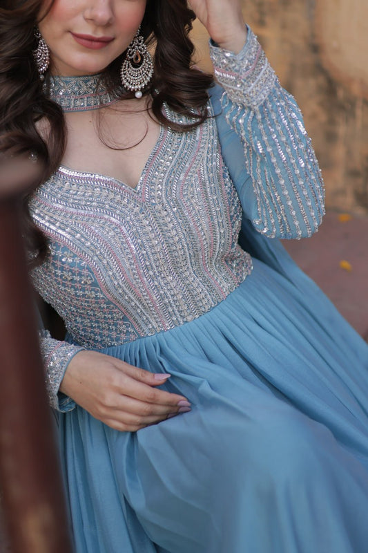 Sky Blue Star Georgette With Embroidery Beads Sequins Work Gown
