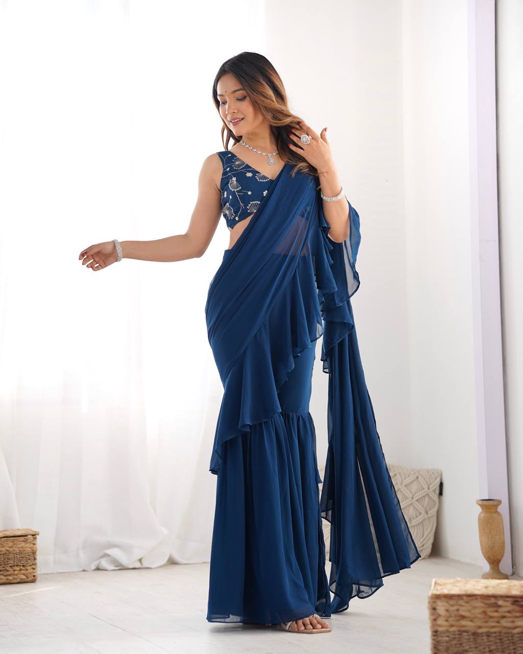 Teal Blue Pure Fox Georgette Emrboidey Jari Work Sharara Saree