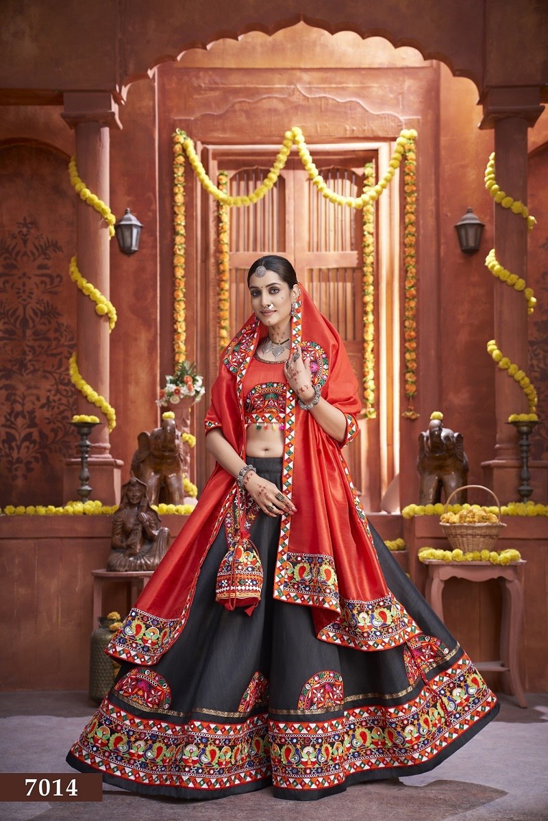 Red Rajwadi Gamthi Butta Lace Mirror Hand Work Navratri Lehenga Choli