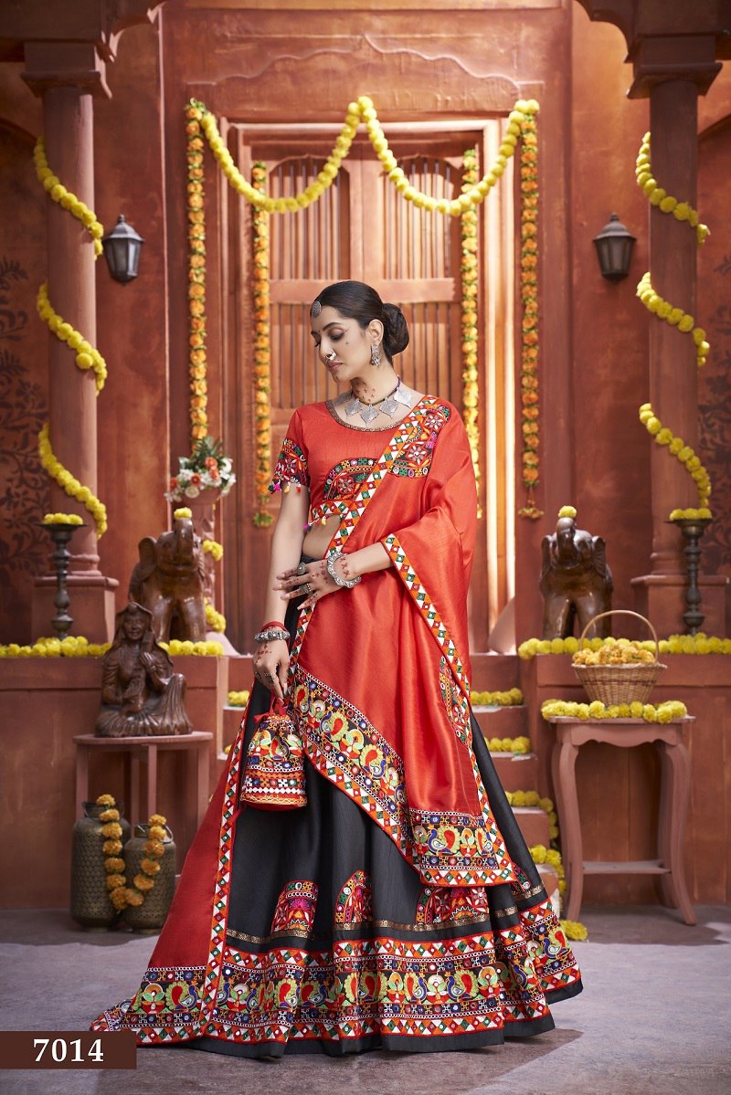 Red Rajwadi Gamthi Butta Lace Mirror Hand Work Navratri Lehenga Choli